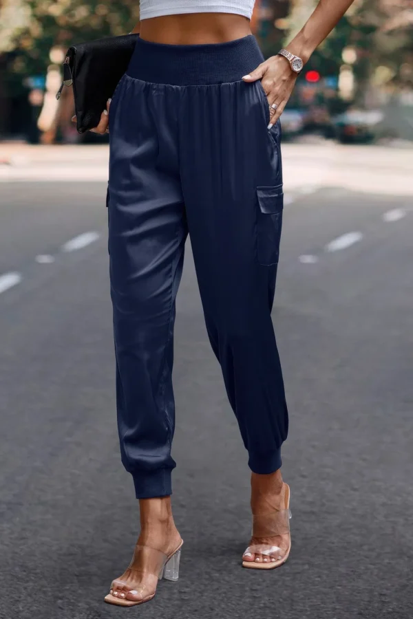High Waist Trousers Pocket Satin Jogger Pants - Image 11