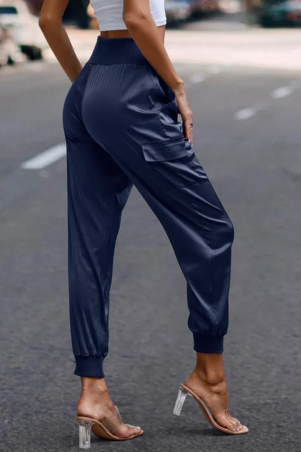 High Waist Trousers Pocket Satin Jogger Pants - Image 10
