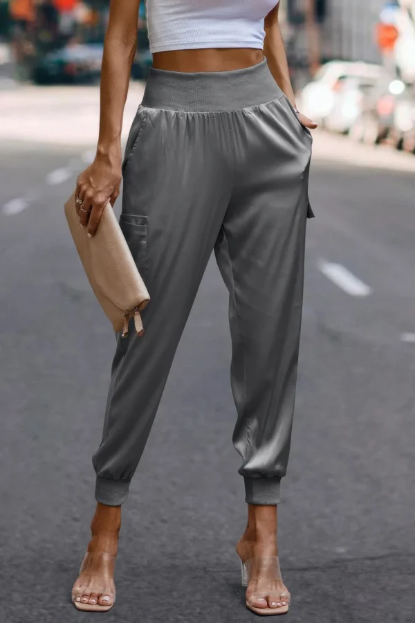 High Waist Trousers Pocket Satin Jogger Pants - Image 9