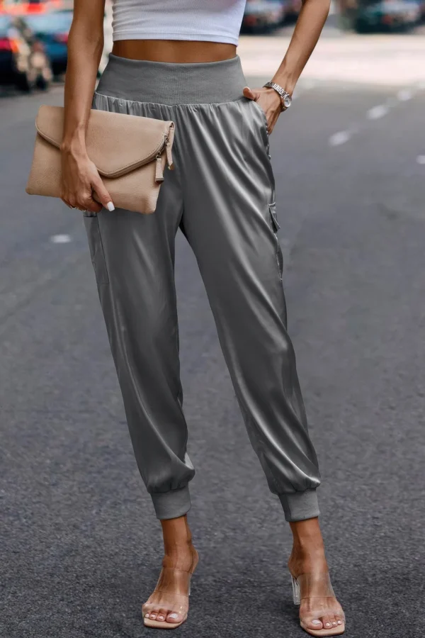 High Waist Trousers Pocket Satin Jogger Pants - Image 8