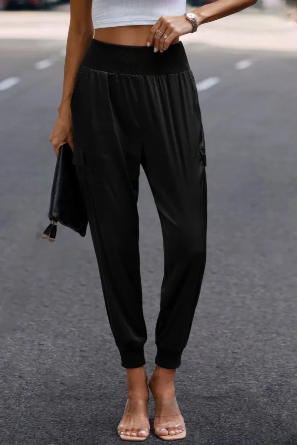 High Waist Trousers Pocket Satin Jogger Pants - Image 6