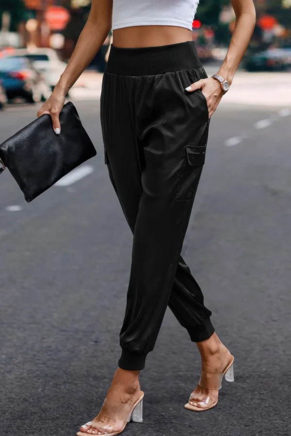 High Waist Trousers Pocket Satin Jogger Pants - Image 5