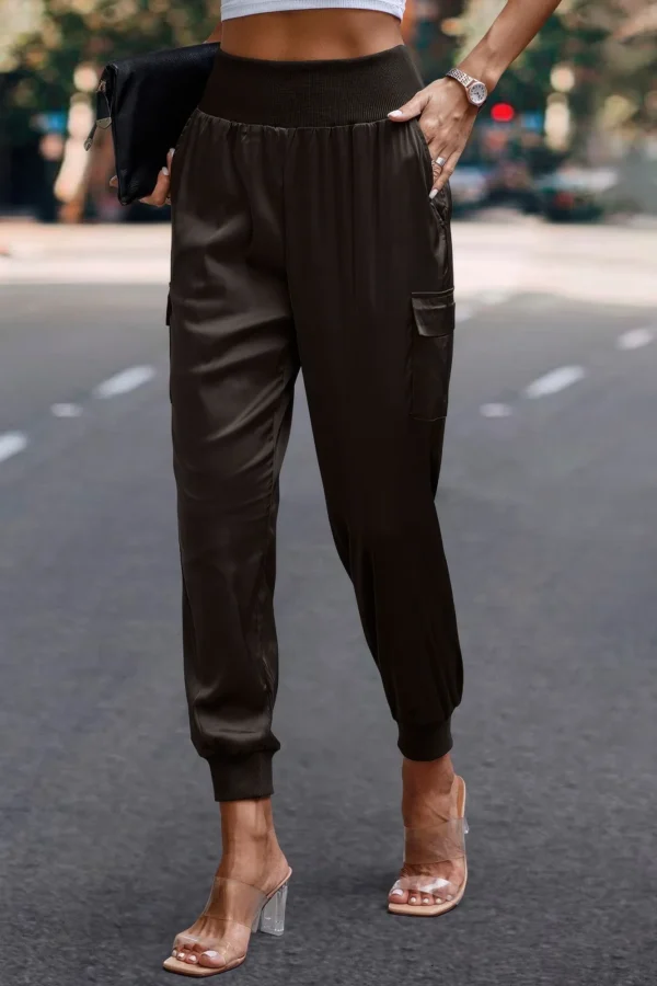 High Waist Trousers Pocket Satin Jogger Pants - Image 19