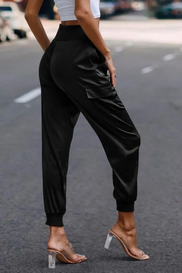 High Waist Trousers Pocket Satin Jogger Pants - Image 4