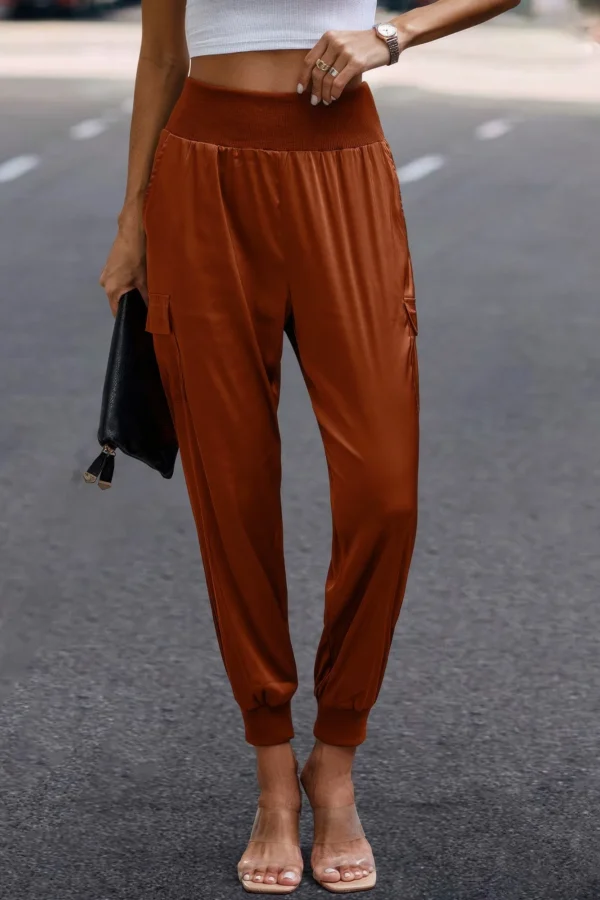 High Waist Trousers Pocket Satin Jogger Pants - Image 3