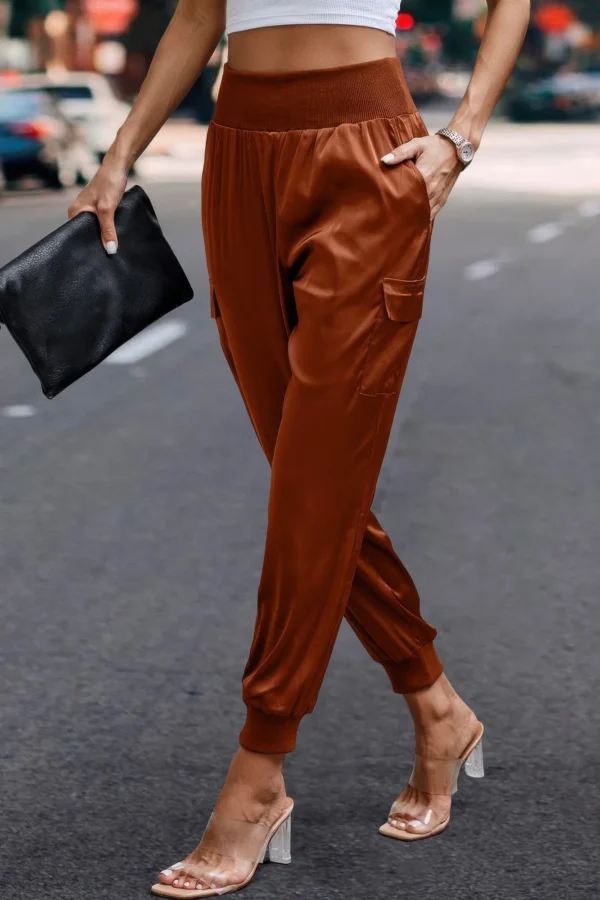 High Waist Trousers Pocket Satin Jogger Pants - Image 2