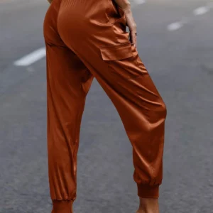 High Waist Trousers Pocket Satin Jogger Pants