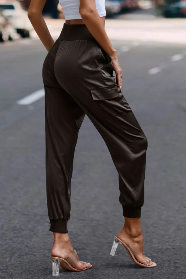 High Waist Trousers Pocket Satin Jogger Pants - Image 18