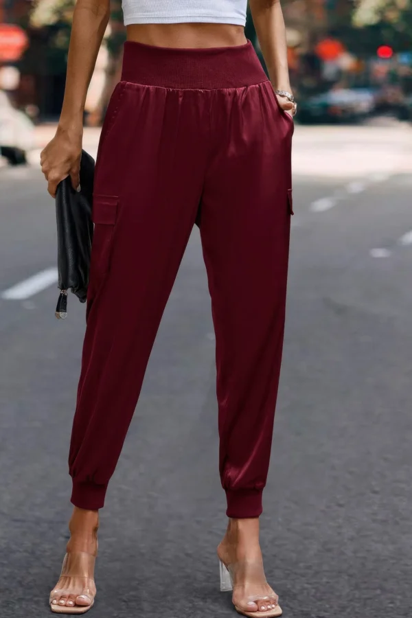 High Waist Trousers Pocket Satin Jogger Pants - Image 17