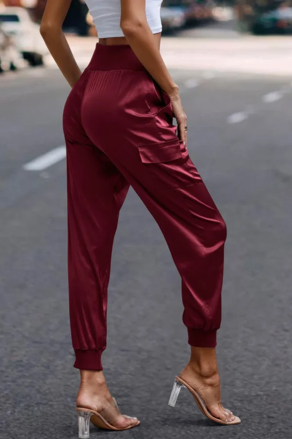 High Waist Trousers Pocket Satin Jogger Pants - Image 16
