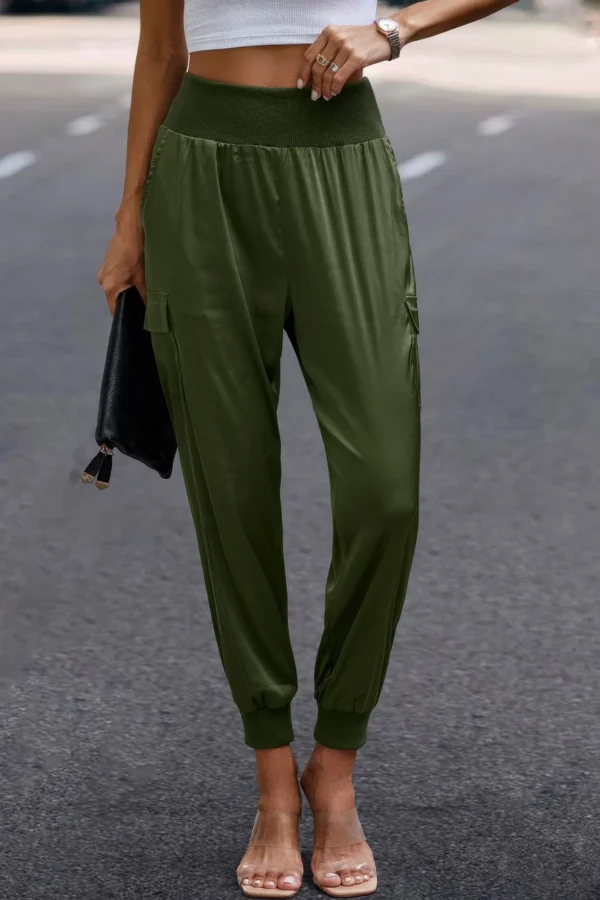 High Waist Trousers Pocket Satin Jogger Pants - Image 15