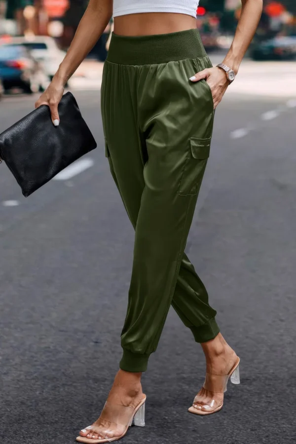 High Waist Trousers Pocket Satin Jogger Pants - Image 14