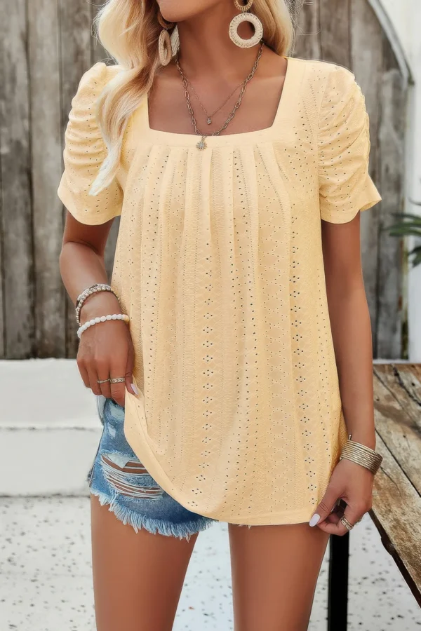 Square Neck Puff Sleeve Tunic Tops Eyelet Shirt - Image 9