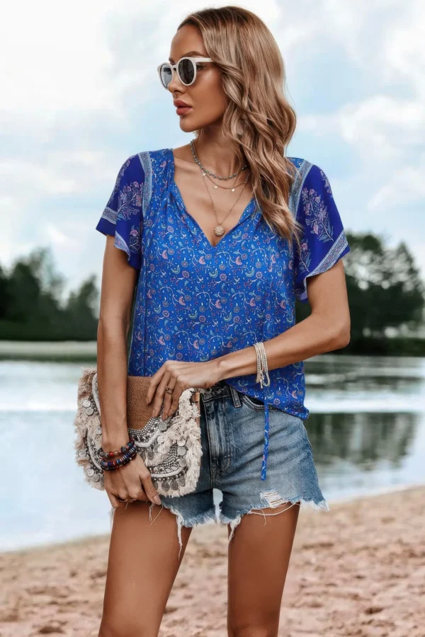 Boho Floral Print Tie Neck Butterfly Sleeve Blouse - Image 3