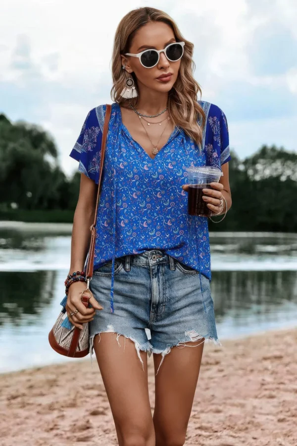 Boho Floral Print Tie Neck Butterfly Sleeve Blouse - Image 2