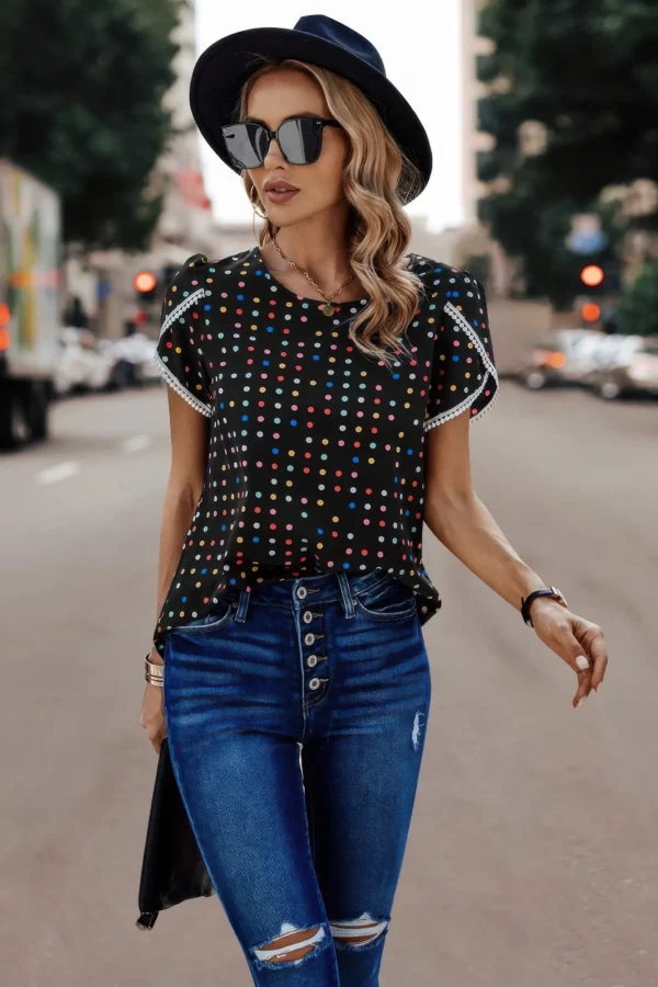 Round Neck Polka Dot Print Petal Sleeve Blouse - Image 6