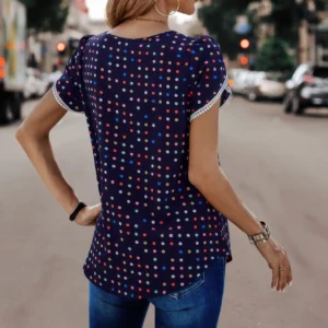 Round Neck Polka Dot Print Petal Sleeve Blouse