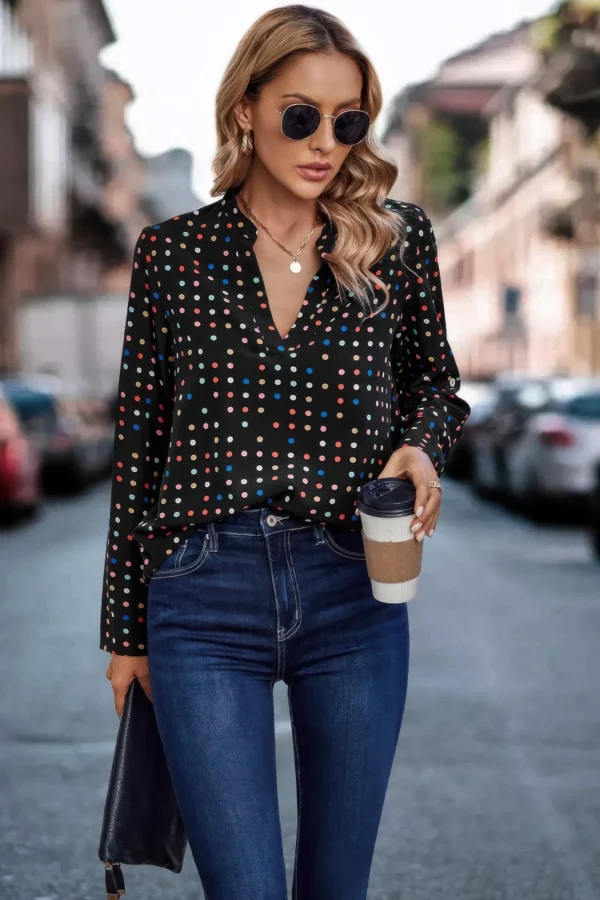 Polka Dot Puff Sleeve Notched Neckline Blouse - Image 9