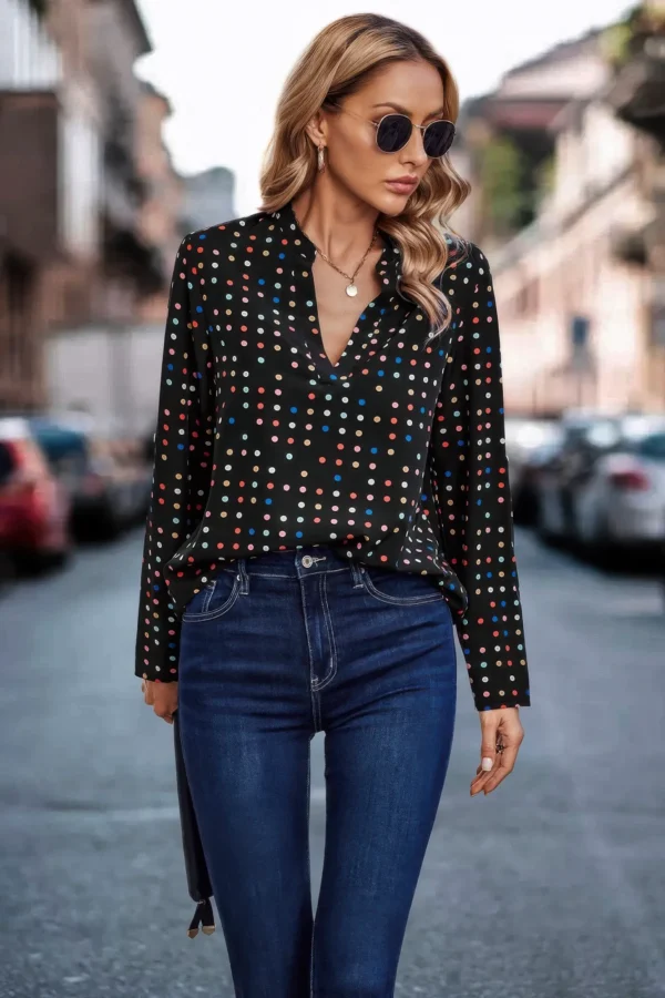 Polka Dot Puff Sleeve Notched Neckline Blouse - Image 8