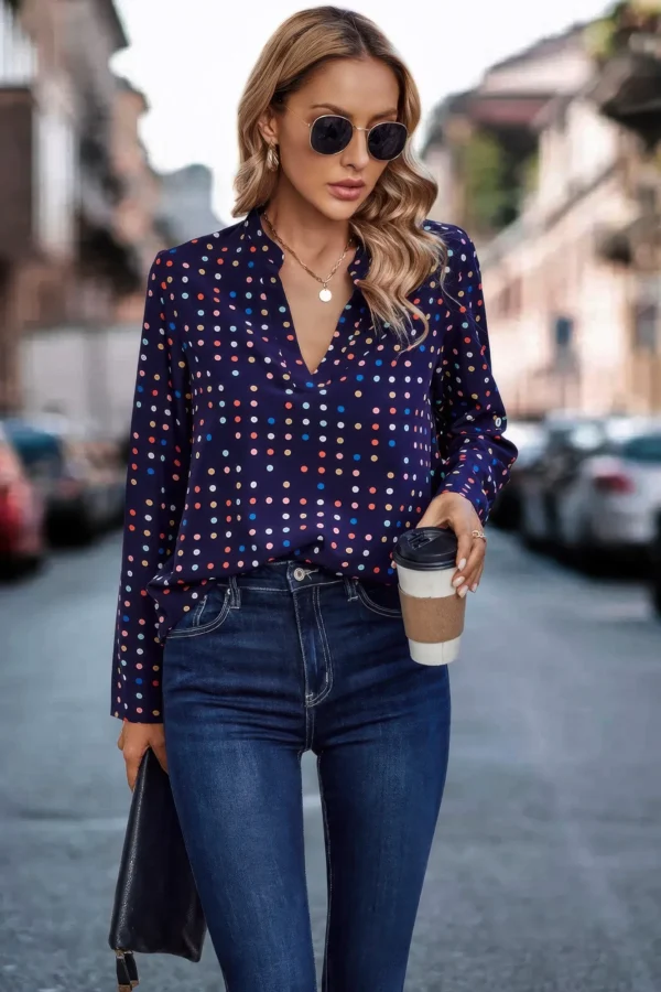 Polka Dot Puff Sleeve Notched Neckline Blouse - Image 3