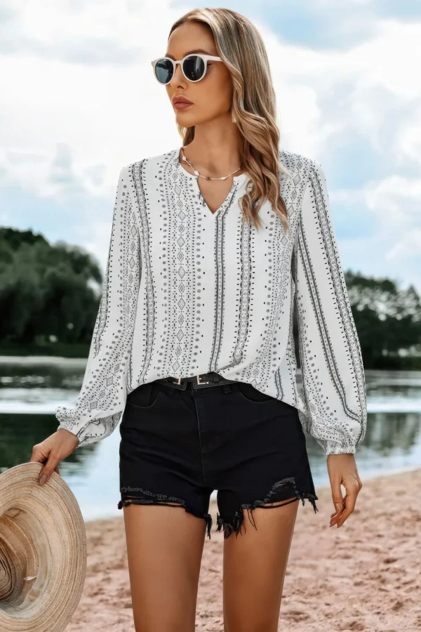 Striped V Neck Vertical Stripe Loose Blouse - Image 5