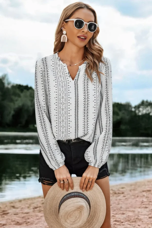 Striped V Neck Vertical Stripe Loose Blouse - Image 3