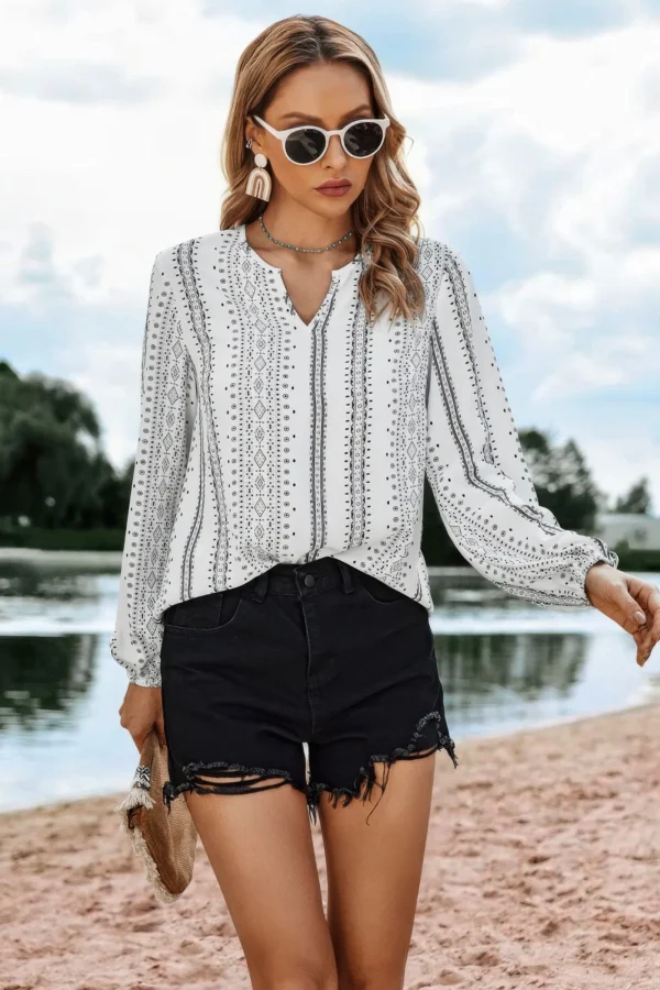 Striped V Neck Vertical Stripe Loose Blouse - Image 2