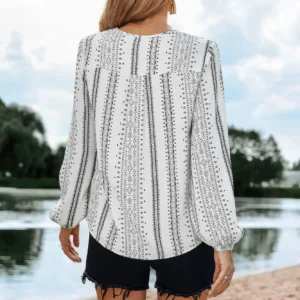 Striped V Neck Vertical Stripe Loose Blouse