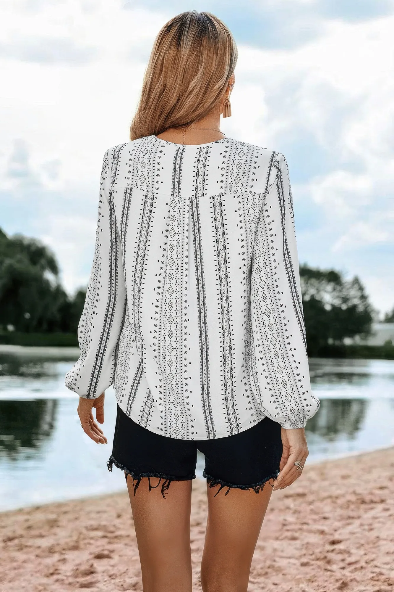 Striped V Neck Vertical Stripe Loose Blouse