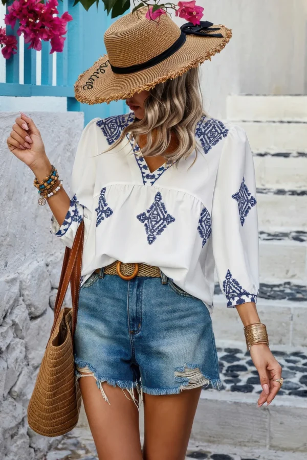 Printed T Shirt V Neck Loose Puff Sleeves Shirts - Image 9