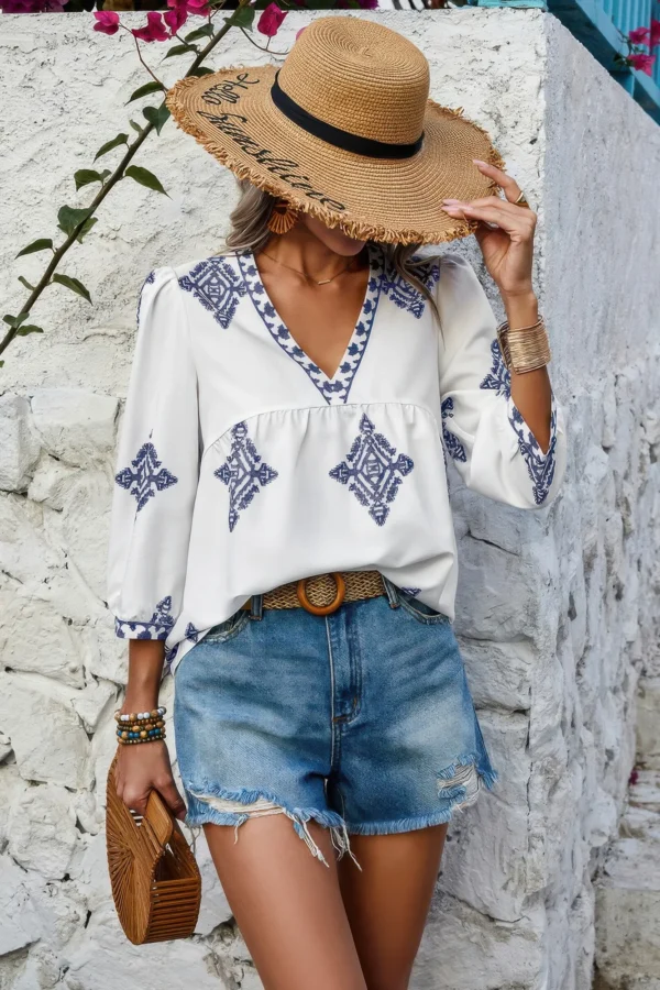 Printed T Shirt V Neck Loose Puff Sleeves Shirts - Image 7
