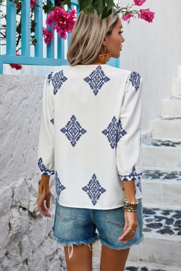 Printed T Shirt V Neck Loose Puff Sleeves Shirts - Image 6