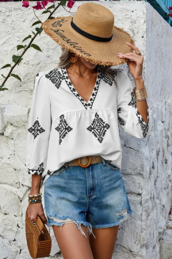 Printed T Shirt V Neck Loose Puff Sleeves Shirts - Image 5