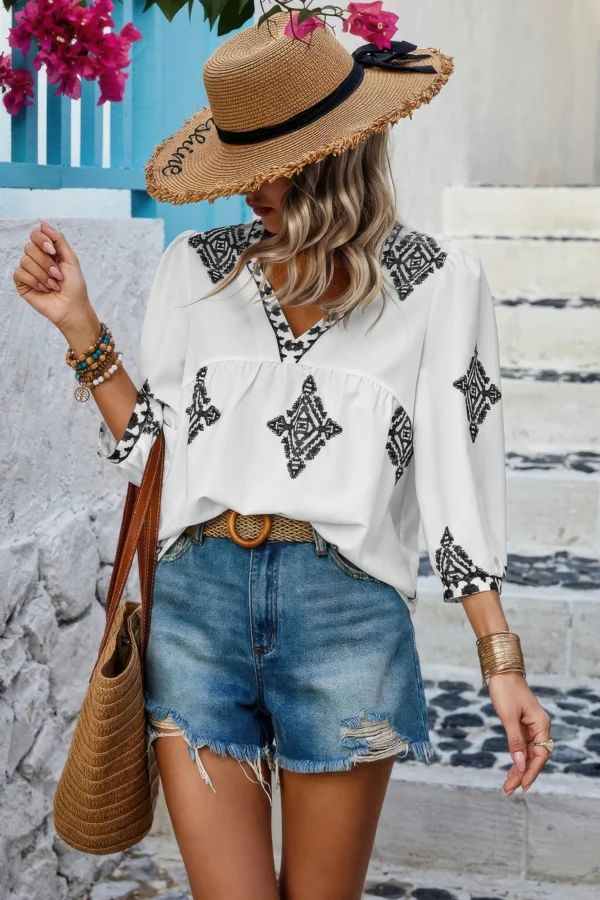 Printed T Shirt V Neck Loose Puff Sleeves Shirts - Image 3