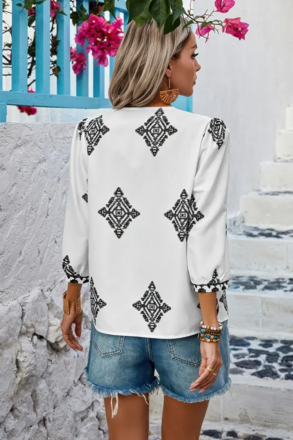 Printed T Shirt V Neck Loose Puff Sleeves Shirts - Image 2
