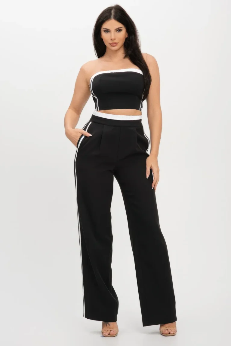Stripe Tapping Contrast Elastic Band Toppants Set