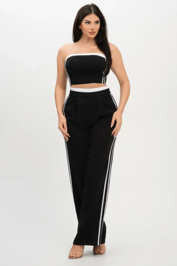 Stripe Tapping Contrast Elastic Band Toppants Set - Image 2