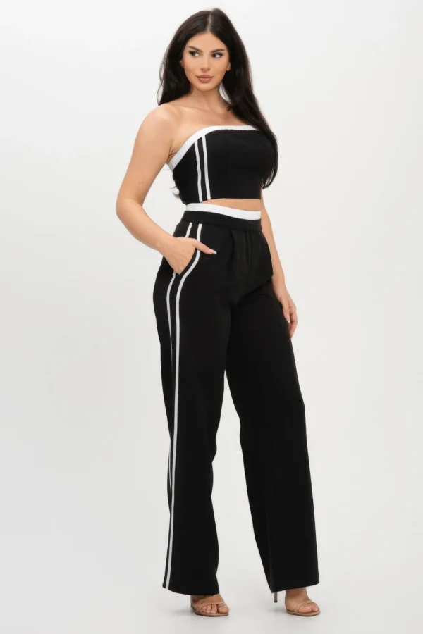 Stripe Tapping Contrast Elastic Band Toppants Set - Image 3
