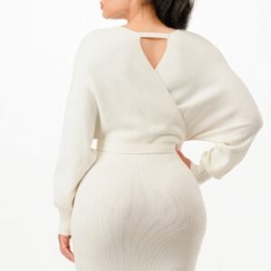 Off shoulder wrap belted ribbed sweather dress