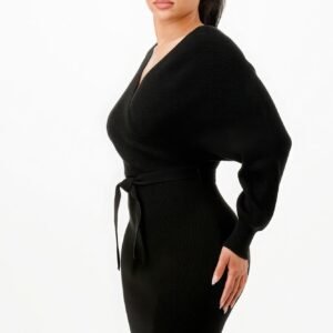 Off shoulder wrap belted ribbed sweather dress