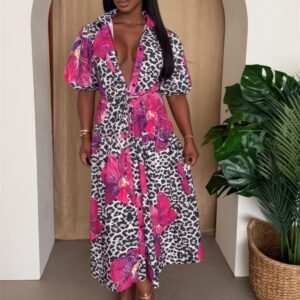 Orchid pop puff sleeve midi resort dress