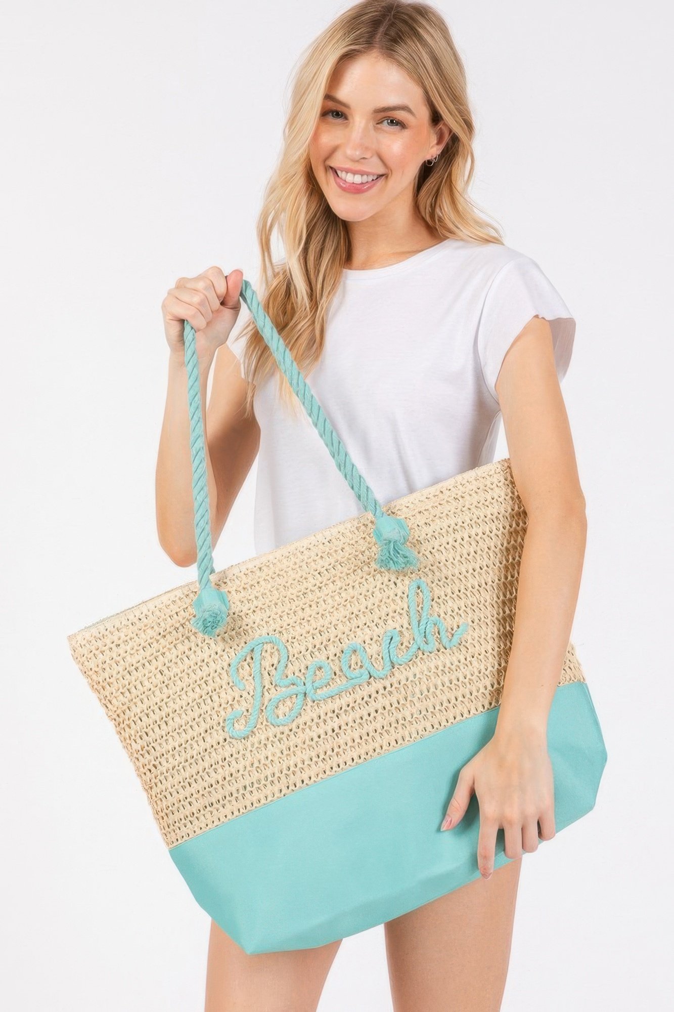 Color sewn rope beach letter and strap crochet fabric tote - Image 2