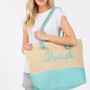Color sewn rope beach letter and strap crochet fabric tote