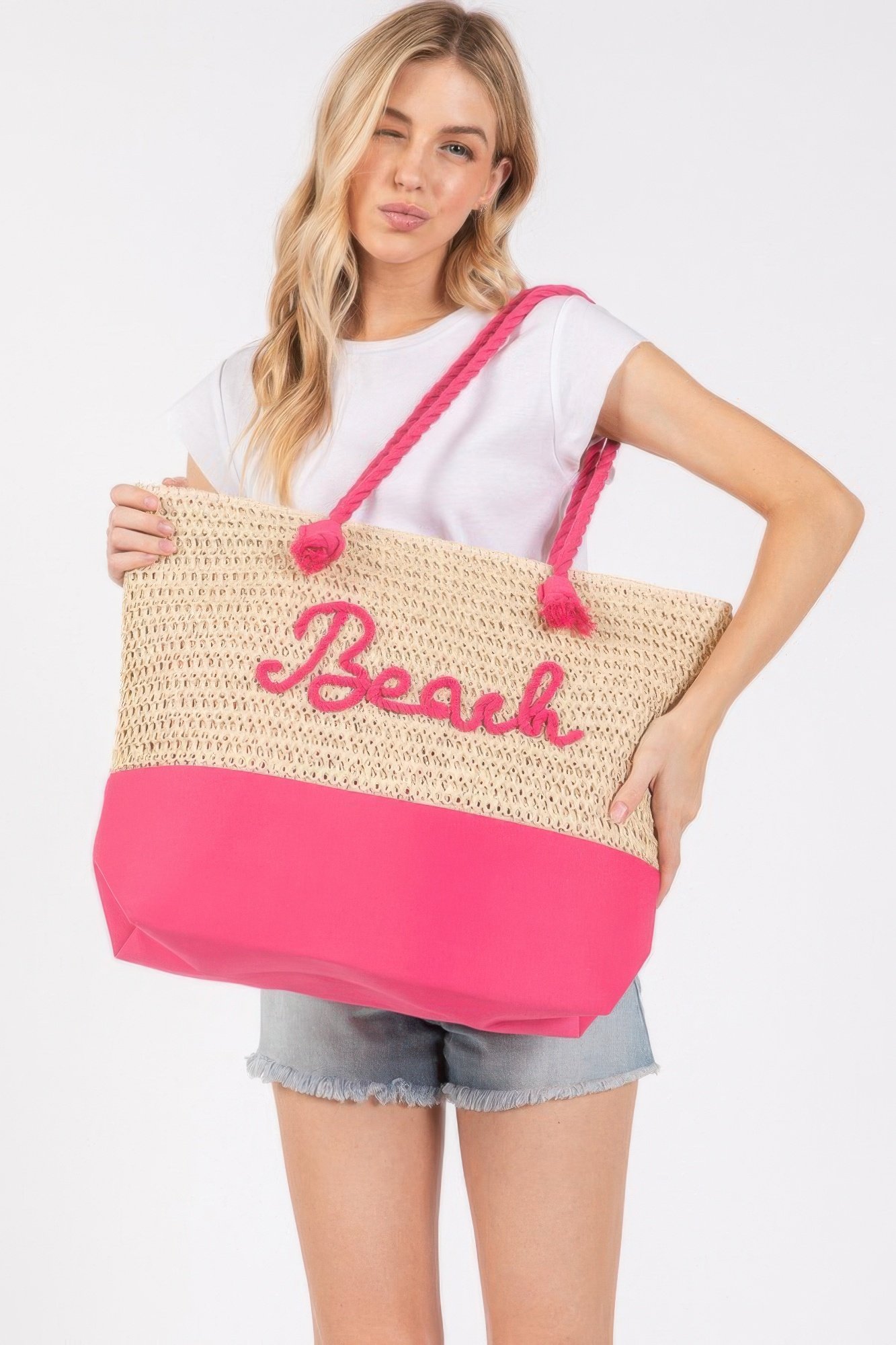 Color sewn rope beach letter and strap crochet fabric tote - Image 11