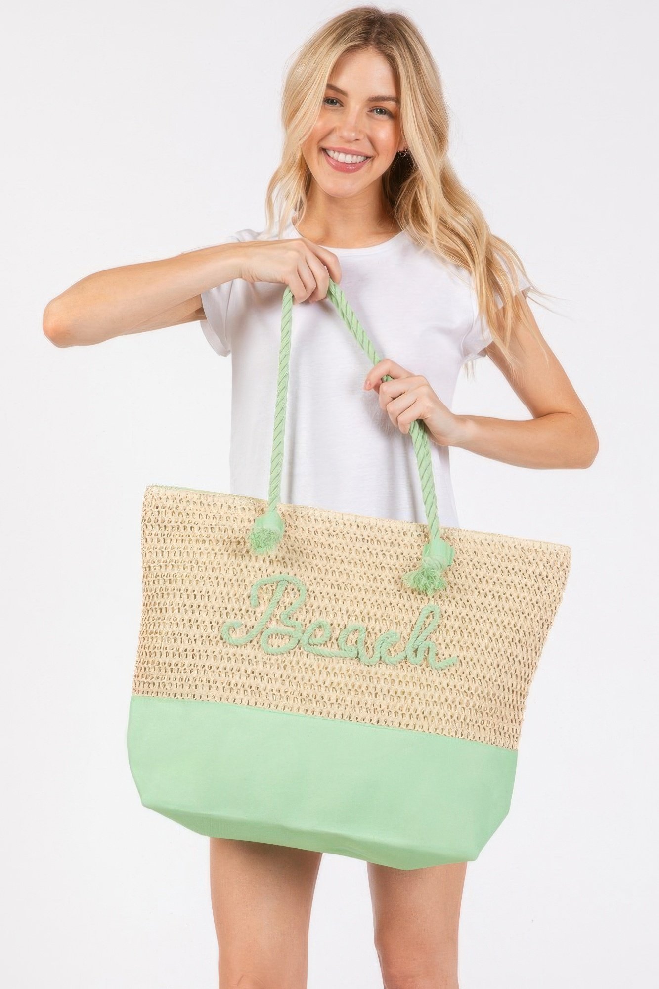 Color sewn rope beach letter and strap crochet fabric tote - Image 12