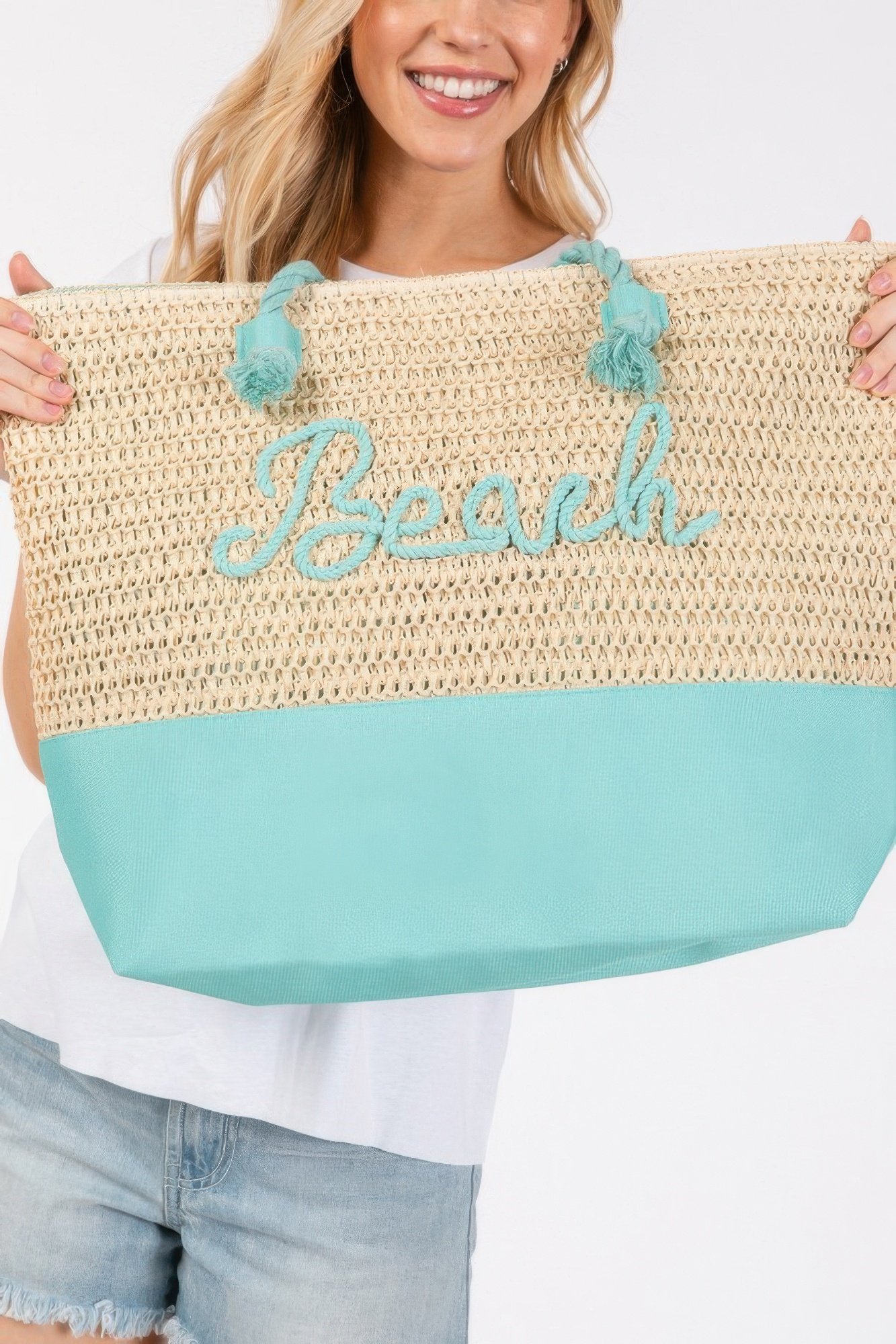 Color sewn rope beach letter and strap crochet fabric tote - Image 3