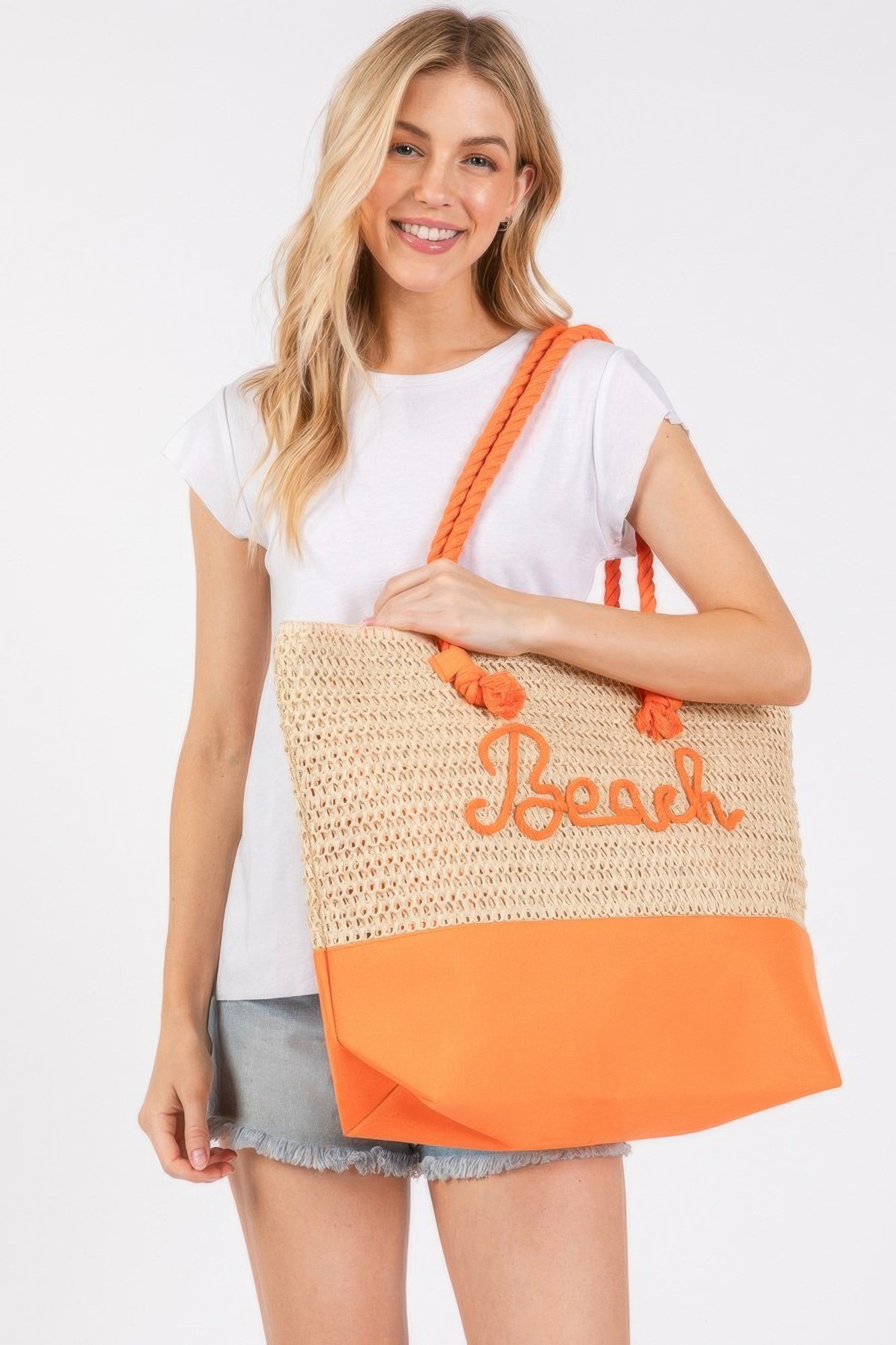 Color sewn rope beach letter and strap crochet fabric tote - Image 4