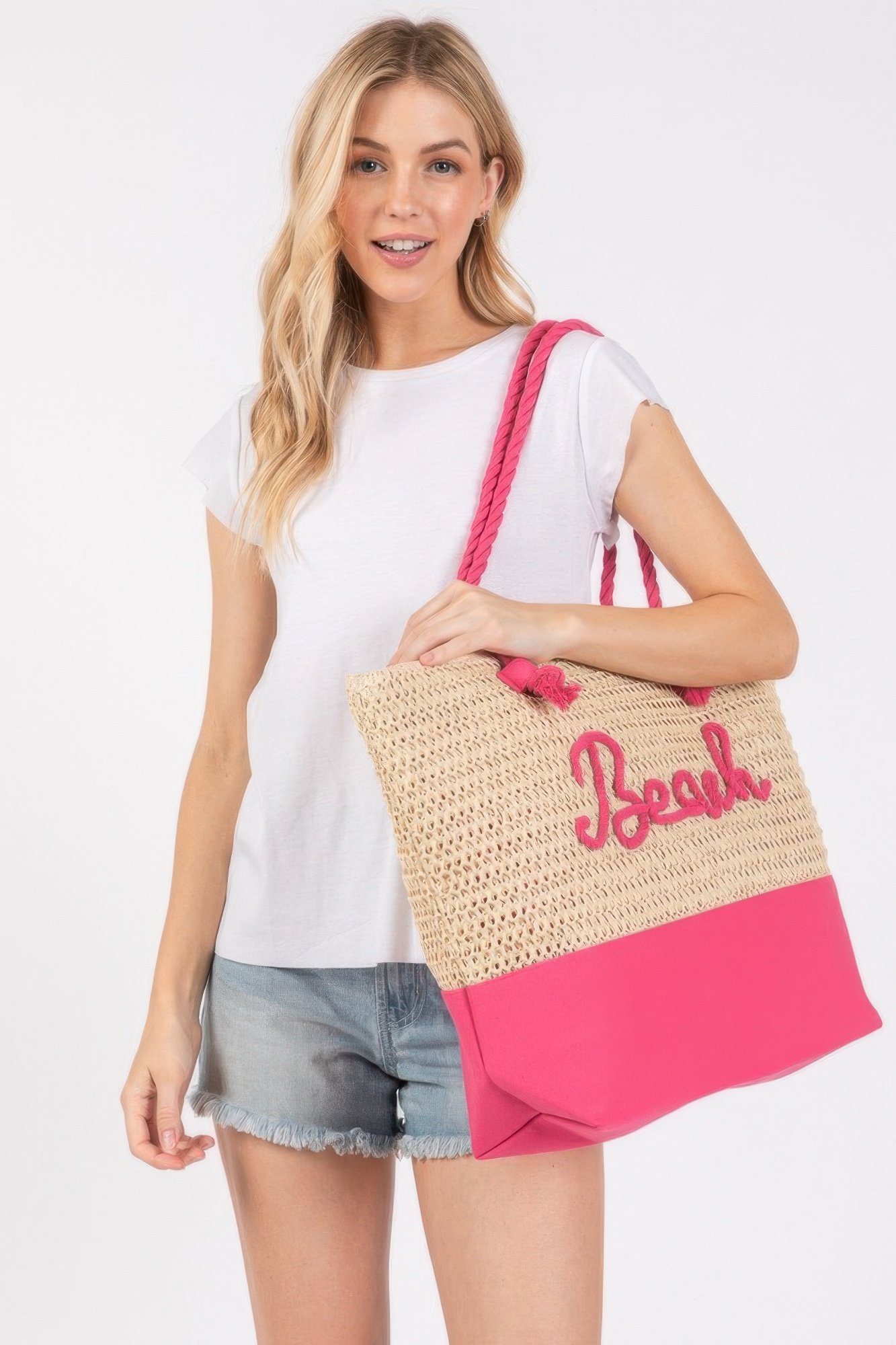 Color sewn rope beach letter and strap crochet fabric tote - Image 9