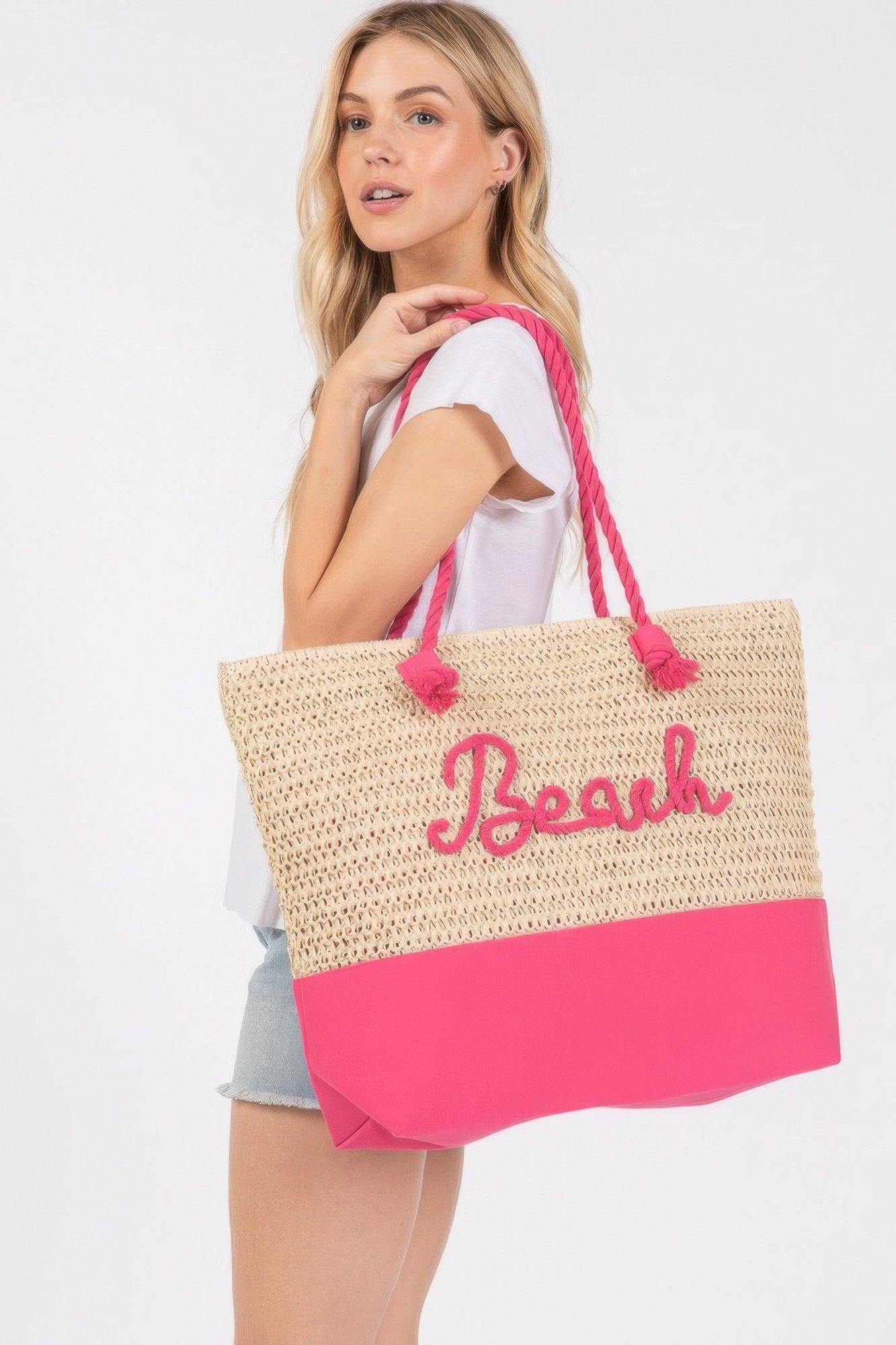 Color sewn rope beach letter and strap crochet fabric tote - Image 10