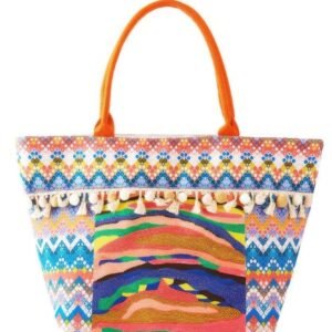 Boho Print Pom Pom Fringe Tote Bag